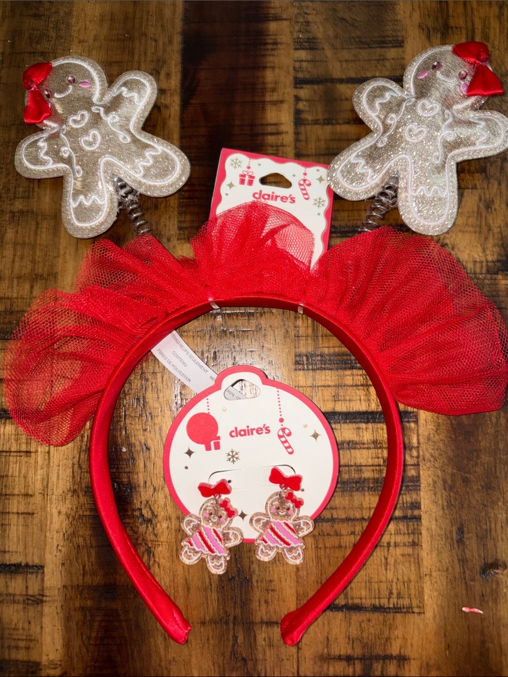 Claire's Red and White Gingerbread Tulle Headband with Earrings Bundle